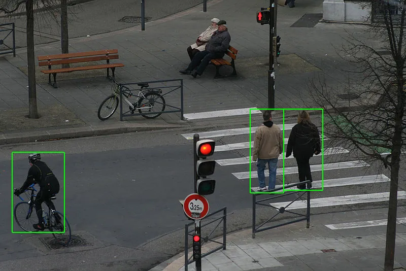 Person detection example: green bounding boxes around two pedestrians on a crosswalk and a cyclist on the road