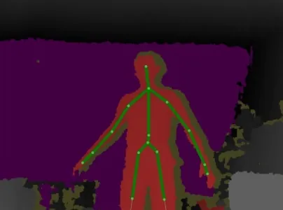 Pose estimation example: a skeleton of keypoints and limbs drawn over a person's silhouette in a depth image