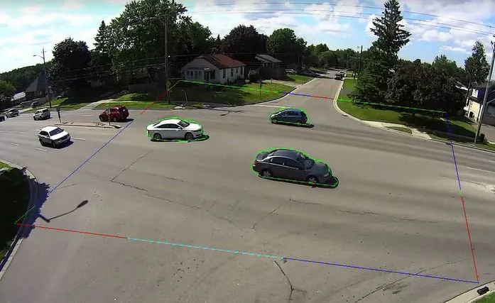 Zone and ROI example: vehicles outlined by computer vision inside a counting zone drawn on a CCTV view of a road junction