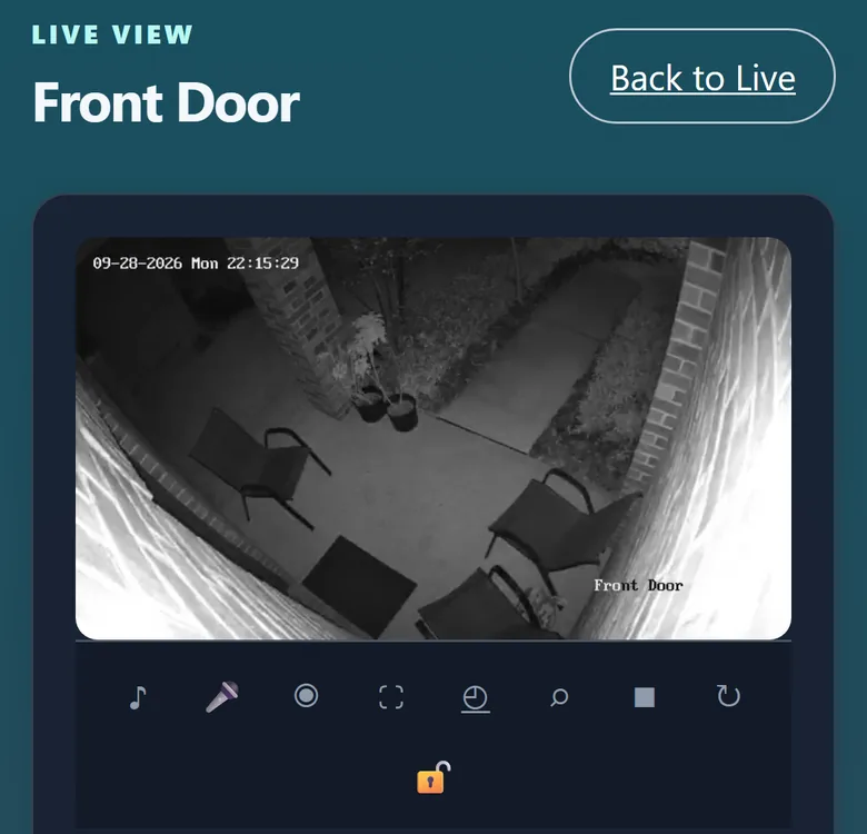 Live Front Door camera in the AnyAiCam app on a phone, with sound, talk and door controls