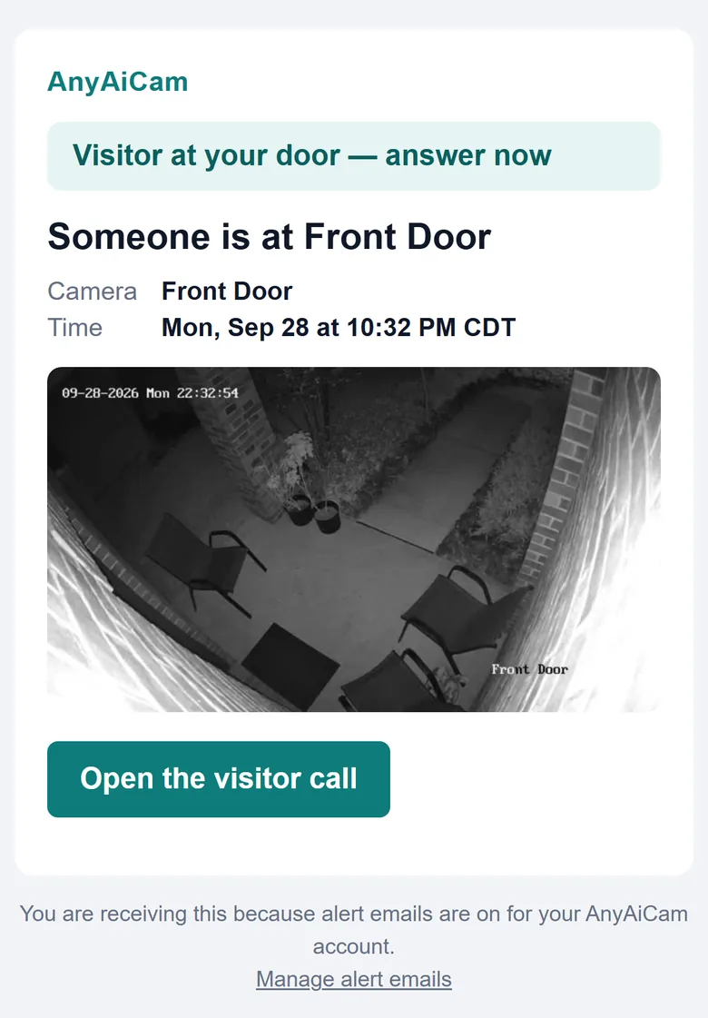 AnyAiCam Visitor Call alert on a phone: Someone is at Front Door, with a snapshot and Open the visitor call