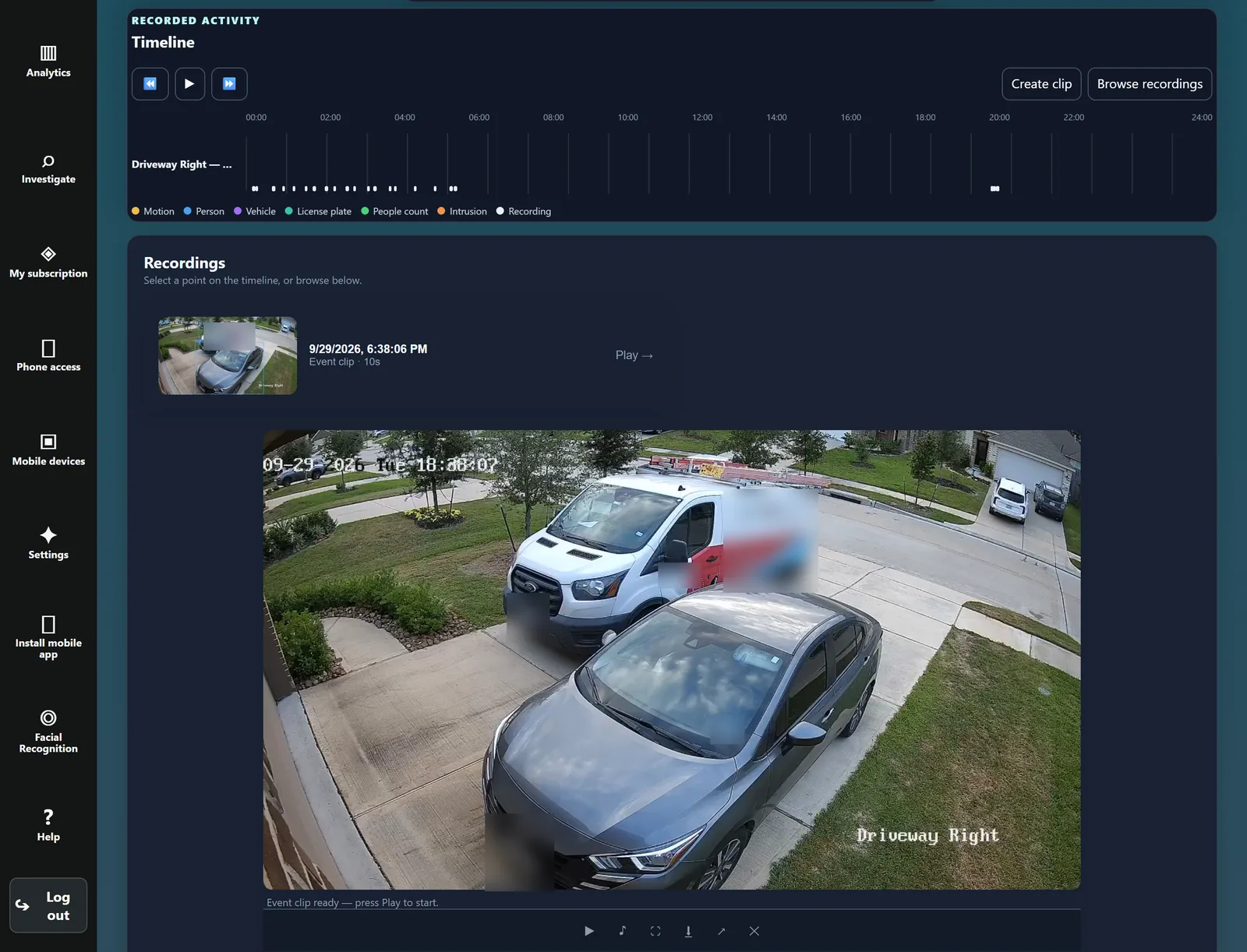AnyAiCam Playback timeline with an event clip playing from the recordings list